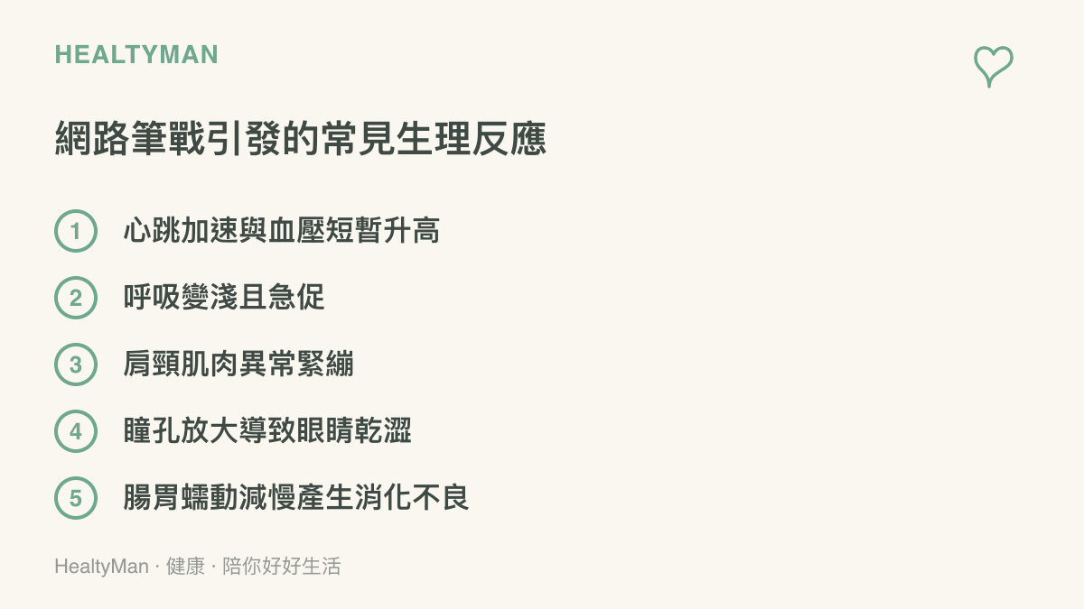 清單列出網路筆戰期間常見的五種生理反應，包含心跳加速、呼吸變淺、肩頸緊繃、眼睛乾澯與腸胃不適