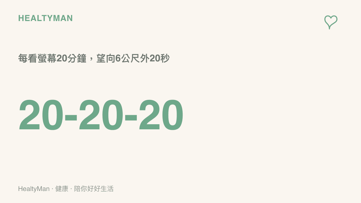 護眼20-20-20法則示意圖，說明每觀看螢幕20分鐘後將視線移到約6公尺外的遠方並保持20秒，讓眼部睫狀肌獲得放鬆空檔。