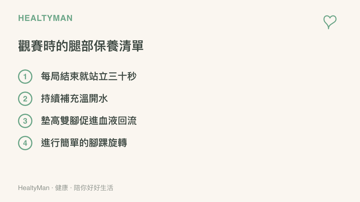 清單圖卡列舉觀看電競賽事時保護腿部的四個日常動作，包括定時站立與補充水分