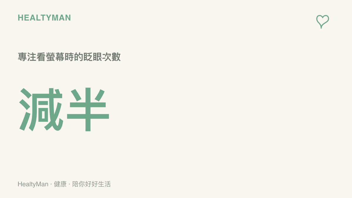 統計圖卡呈現人在專注盯著螢幕時，每分鐘眨眼次數會大幅減少至正常狀態的一半，導致眼睛乾澀