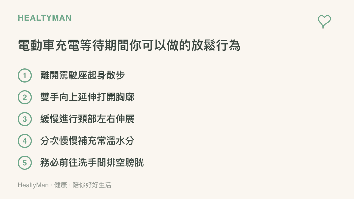 清單圖卡列出五項電動車充電等待期間建議進行的放鬆與保健行為