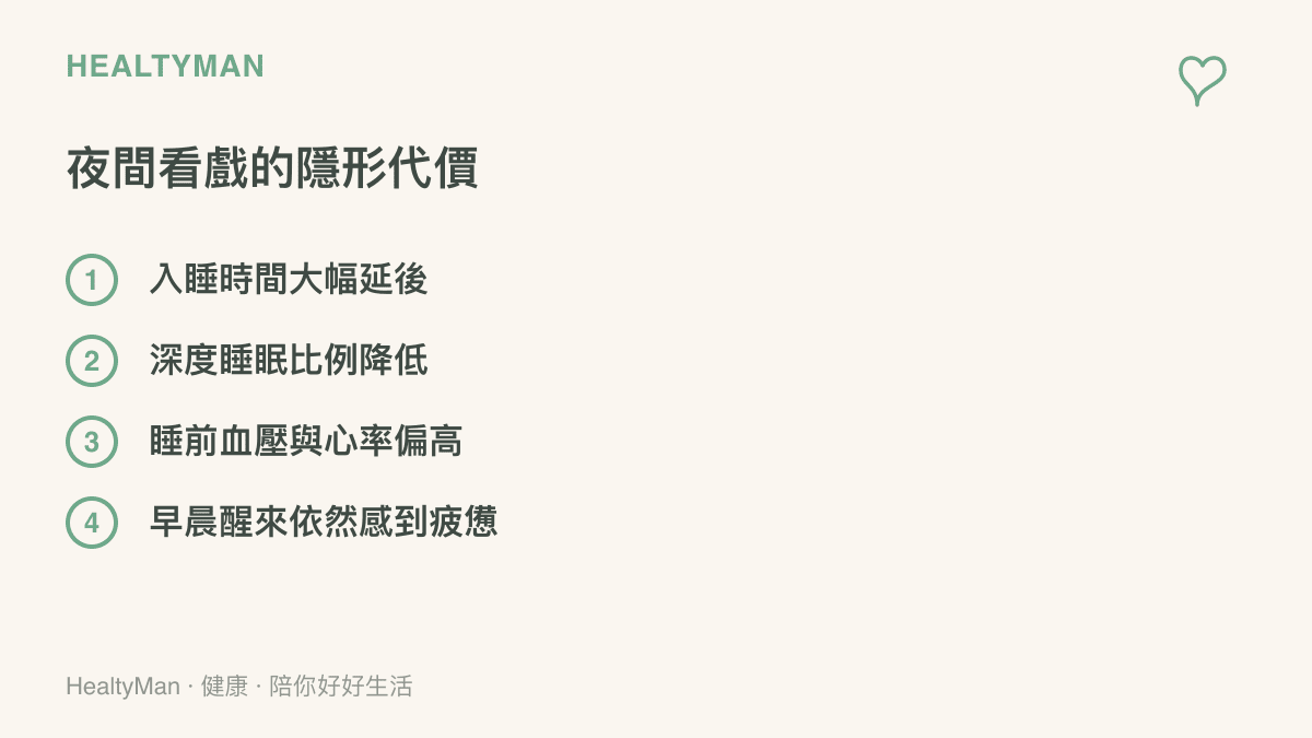 清單圖卡列舉夜間過度觀看爭議新聞會導致入睡延後、深度睡眠減少、血壓偏高與早起疲憊等四項隱形健康代價