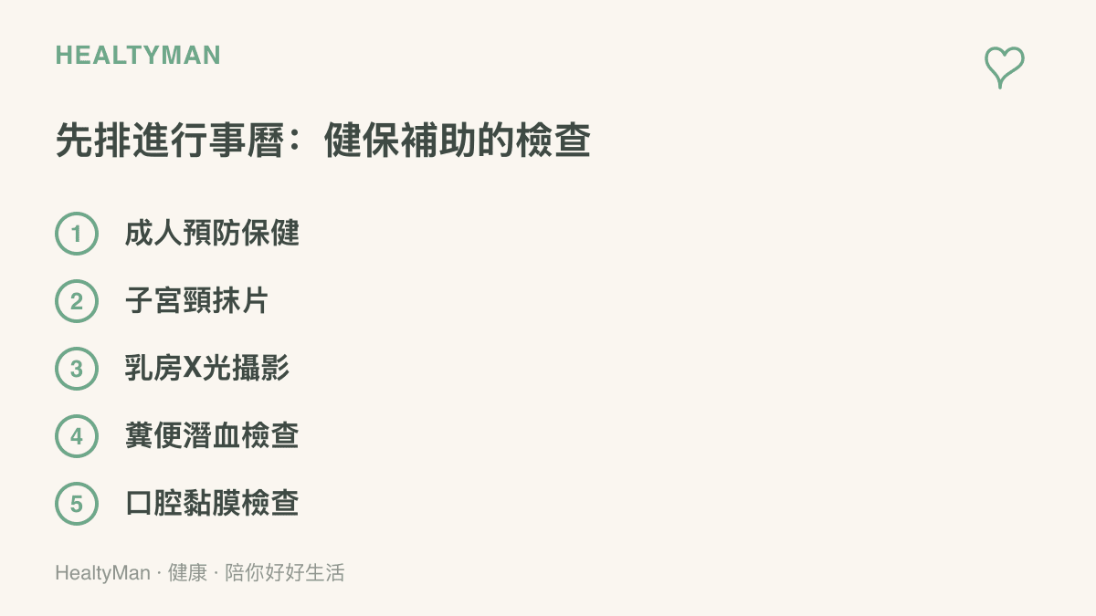 清單圖卡列出成人預防保健、子宮頸抹片、乳房X光攝影、糞便潛血檢查與口腔黏膜檢查五項健保補助的健康檢查項目