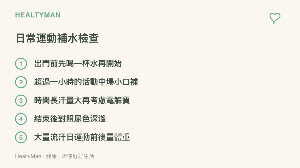清單列出日常運動補水的五個檢查做法：運動前先喝水、長時間活動中場補水、大量流汗時補電解質、結束後看尿色、流汗量大的日子前後量體重
