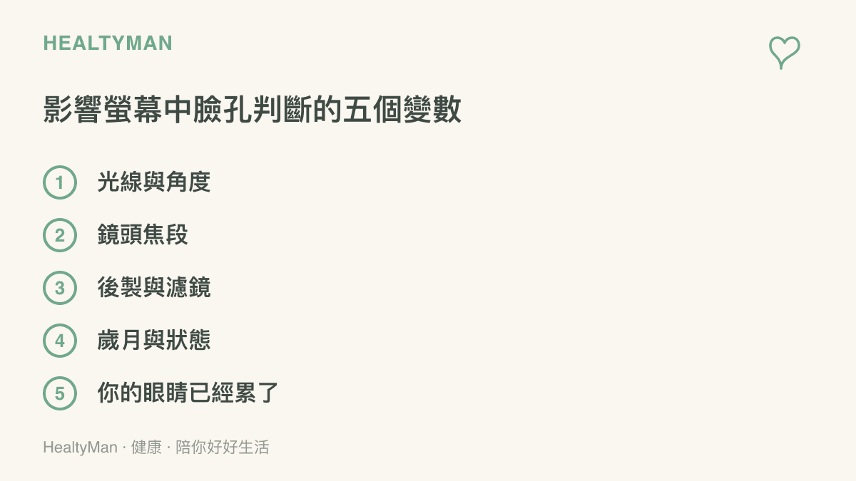 圖解影響螢幕中臉孔判斷的多重變數，包含光線角度、鏡頭焦段、後製濾鏡、歲月狀態與眼睛疲勞等五個因素，說明單憑截圖斷定一個人變了其實非常困難。