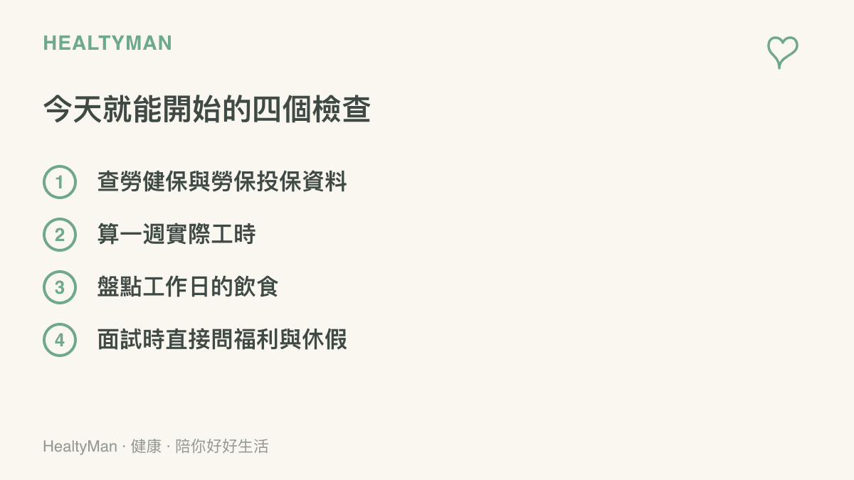 清單列出四個今天就做得到的職場健康檢查項目：查投保資料、算實際工時、盤點工作日飲食、面試時主動提問福利與休假