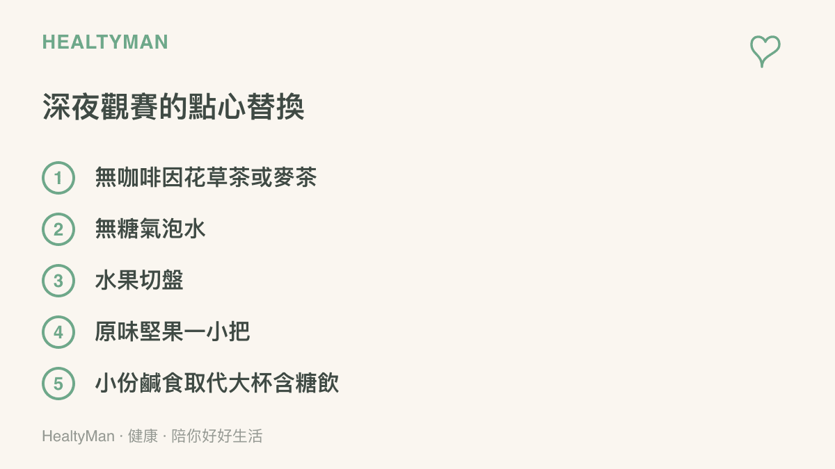 清單圖列出熬夜看轉播時的五項飲食替換建議，包含花草茶、氣泡水、水果切盤、堅果與小份鹹食