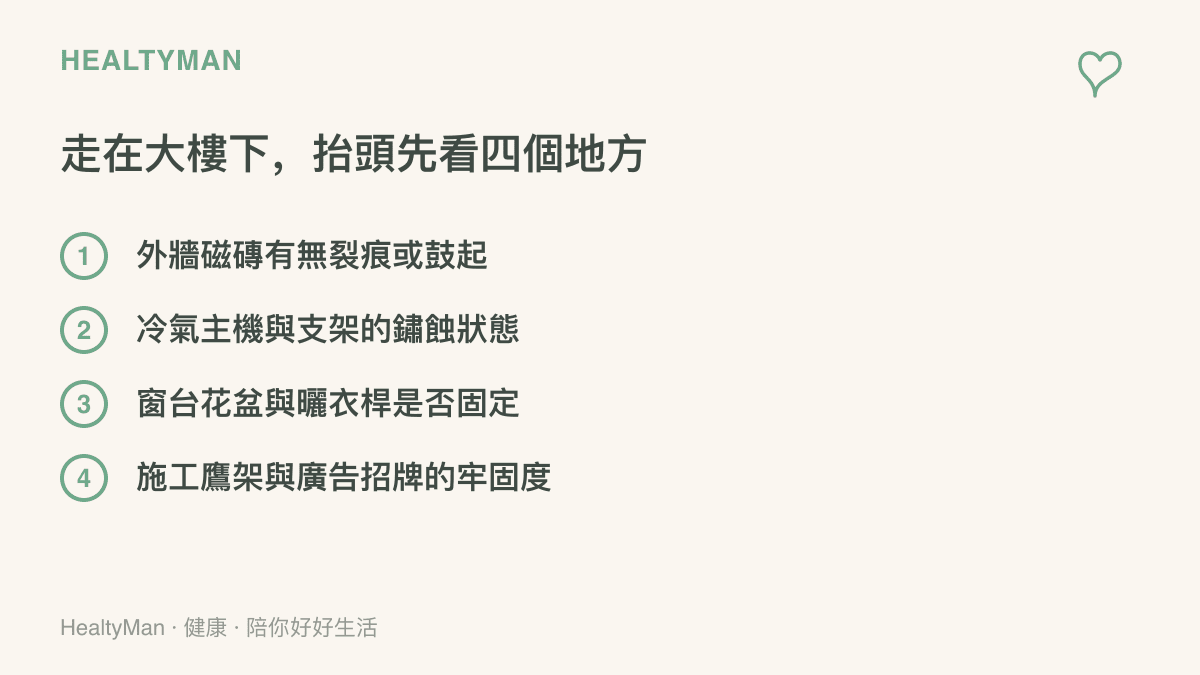 圖面列出行走時抬頭檢查的四個墜落物風險來源：外牆磁磚裂痕鼓起、冷氣主機與支架鏽蝕、窗臺花盆與曬衣桿固定狀態、施工鷹架與廣告招牌