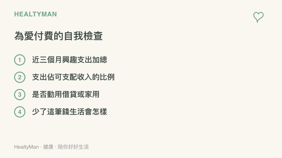 清單列出檢視興趣花費的四個步驟：統計近三個月支出、計算佔可支配收入的比例、確認是否動用借貸或家用金，以及評估少了這筆錢後生活的變化