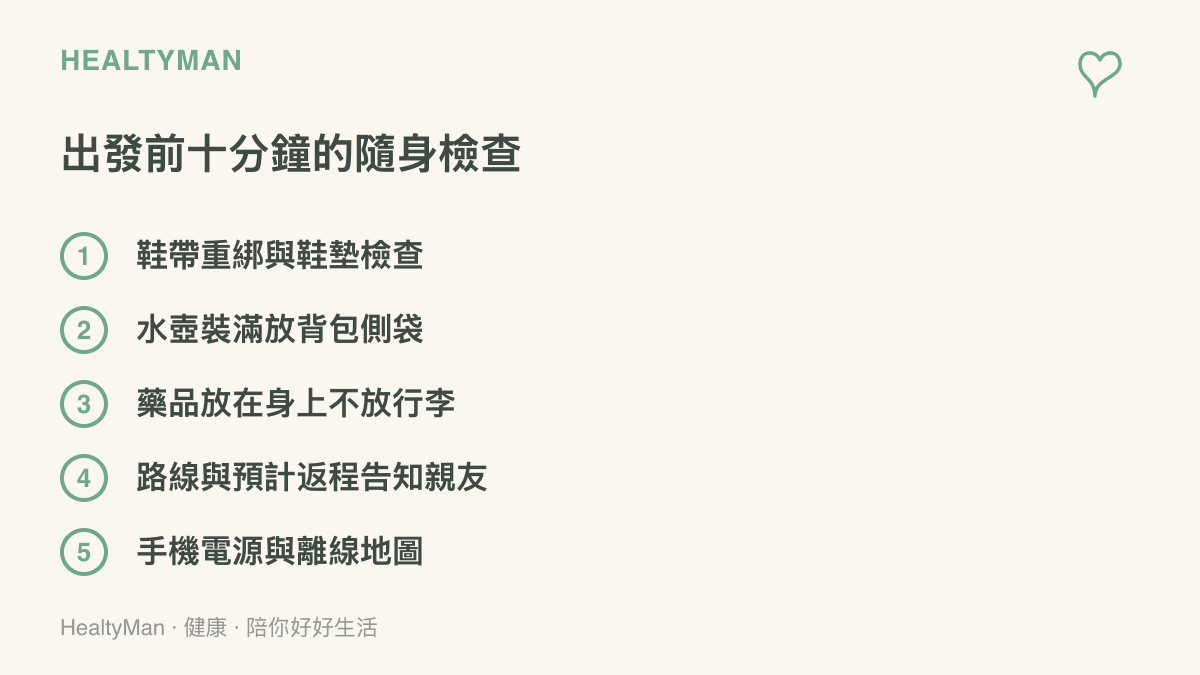 出發前十分鐘檢查清單，列出鞋帶鞋墊調整、水壺裝滿、藥品隨身、路線告知親友、手機電源與離線地圖五個項目