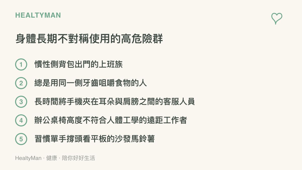 清單圖卡列舉五種常見的日常不良姿勢與習慣，提醒讀者注意身體不對稱造成的隱形傷害