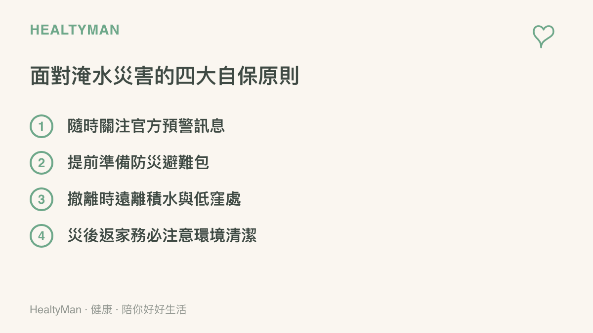 列舉面對淹水災害時的四項重要自保原則，包括關注預警、準備避難包、安全撤離與災後清潔。