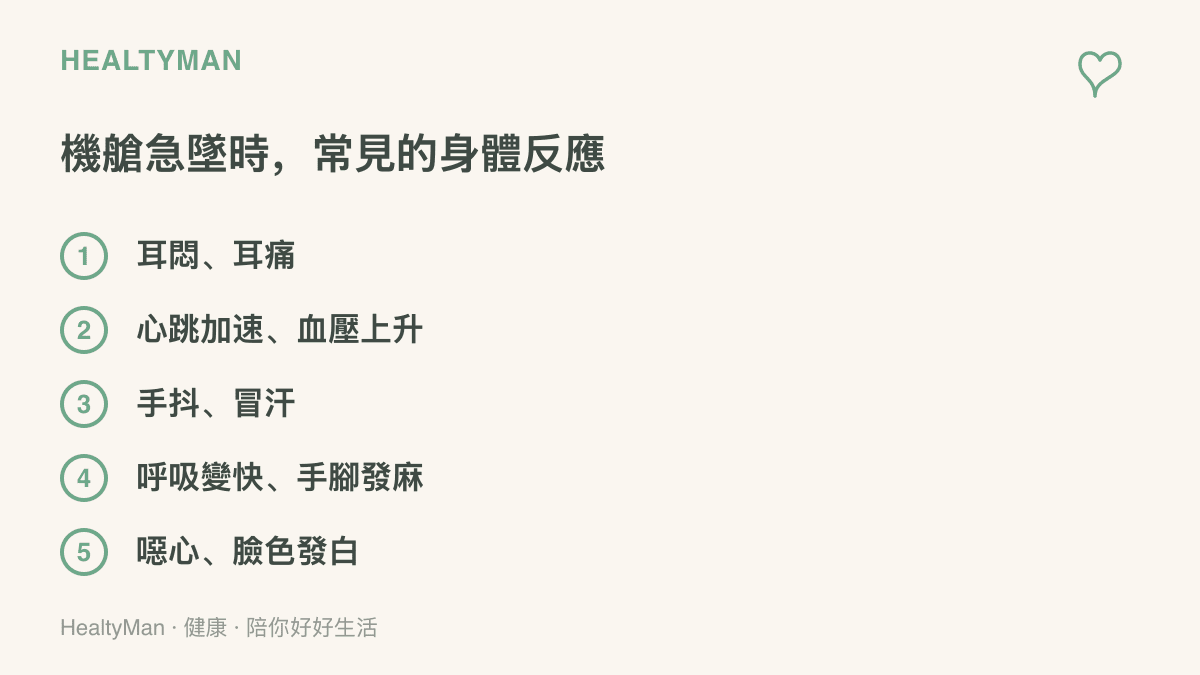 清單圖卡列出機艙急速下降時常見的五種身體反應，包含耳悶耳痛、心跳加速與血壓上升、手抖冒汗、呼吸變快伴隨手腳發麻，以及噁心與臉色發白