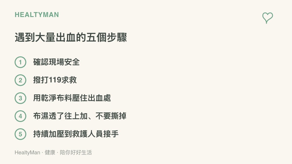 圖卡列出遇到大量出血時的五個處理步驟，從確認現場安全、撥打119、用乾淨布料直接加壓傷口，到濕透後往上疊加、持續加壓直到救護人員接手