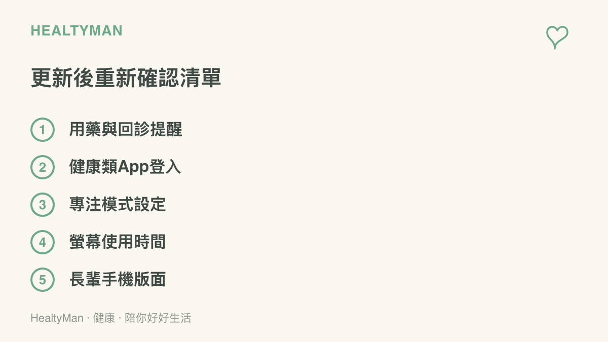 清單列出系統更新後需要重新確認的五個項目，包括用藥與回診提醒、健康類App登入、專注模式、螢幕使用時間限制與長輩手機的版面設定