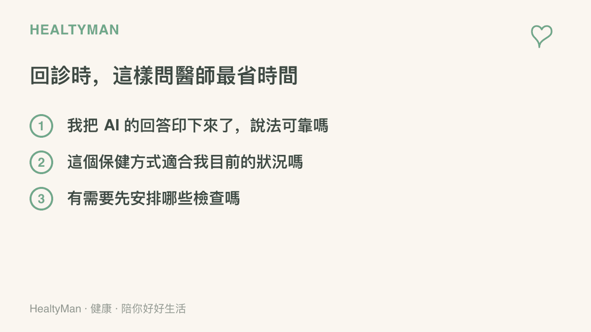 門診時向醫師請教 AI 健康回答的三種問法，包括確認說法可靠性、評估保健方式是否適合個人狀況、詢問是否需安排檢查