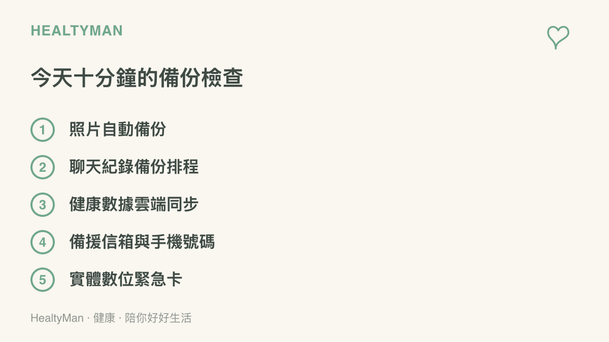 備份檢查清單列出照片自動備份、聊天紀錄排程、健康數據同步、救援管道更新與實體緊急卡五個今天就能確認的項目