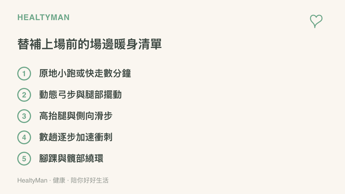 清單圖卡列出上場前的五項暖身動作：原地小跑、動態弓步與擺腿、高抬腿側向滑步、逐步加速衝刺，以及腳踝髖部繞環