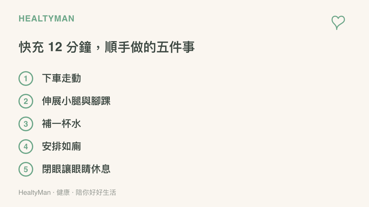 畫面列出電動車快充十二分鐘內可以完成的五個休息動作，包括下車走動、伸展小腿與腳踝、補水、如廁和閉眼休息