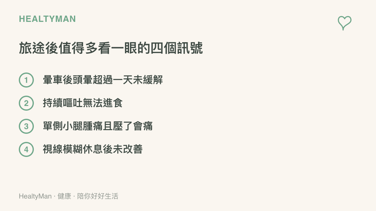 畫面列出四個旅途後應該就醫的身體訊號，包括頭暈超過一天、持續嘔吐、單側小腿腫痛與視線模糊未改善