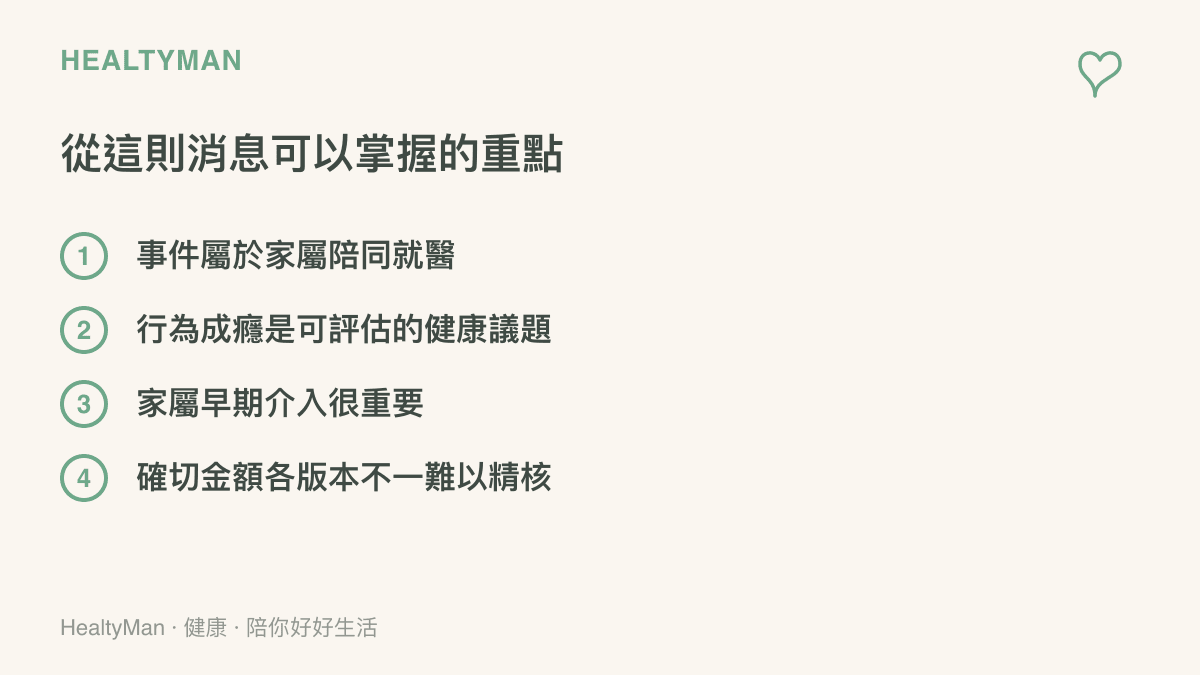 整理賭球就醫事件的四個關鍵重點，包含家屬陪同、行為成癮屬於可治療的健康議題、家人早期介入的價值，以及確切金額難以精確核實