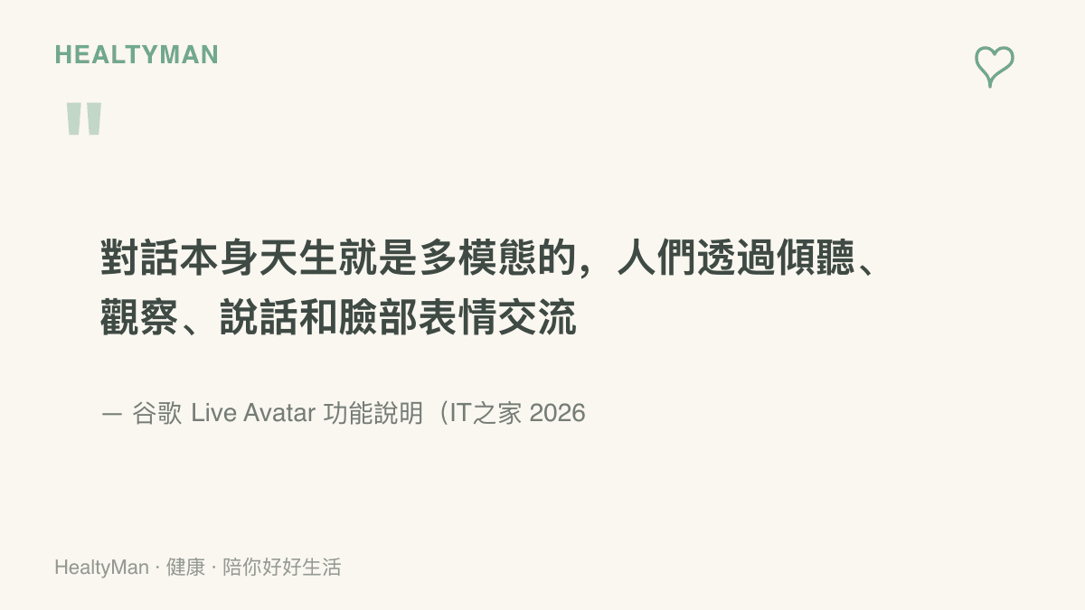 引言圖卡呈現谷歌對 Live Avatar 的說明：對話天生就是多模態的，人們靠傾聽、觀察、說話與臉部表情來交流