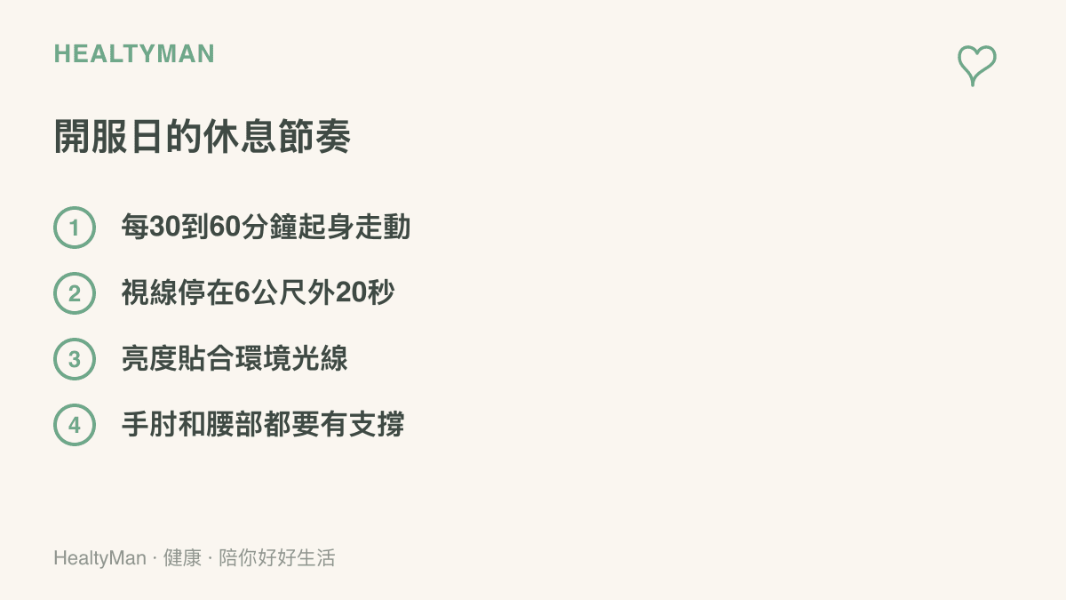 清單呈現遊戲開服日的四項休息原則：每三十到六十分鐘起身走動、視線停在六公尺外的物體二十秒、螢幕亮度貼合環境光線、手肘與腰部都要有支撐