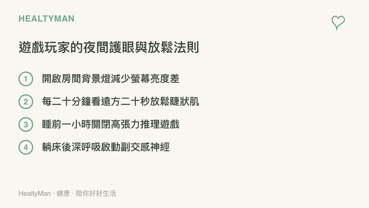 清單圖卡列舉了夜間遊戲玩家保護視力與放鬆神經的四項具體行動建議