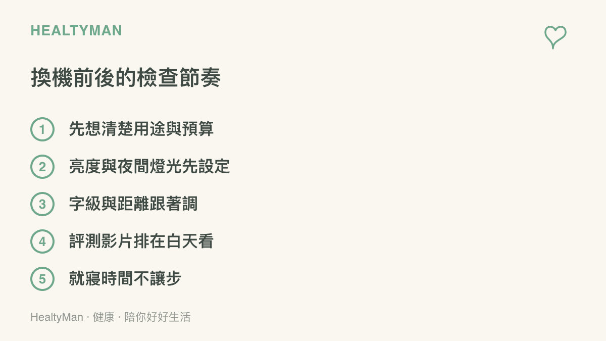 清單圖卡列出換機前後的五項檢查節奏，包含用途預算先想清楚、亮度與燈光設定、字級距離調整、評測影片排在白天看與就寢時間不讓步