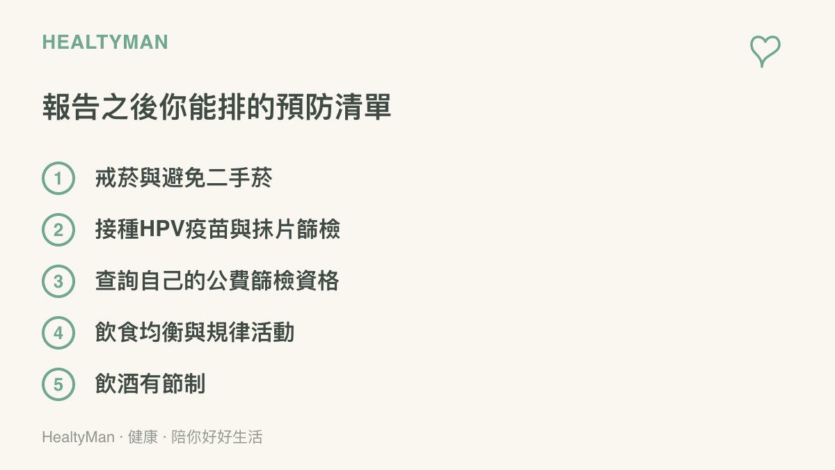 清單圖卡列出癌症報告發布後可排進日常的預防行動：戒菸與避免二手菸、接種HPV疫苗與抹片篩檢、查詢公費篩檢資格、飲食均衡與規律活動、飲酒有節制