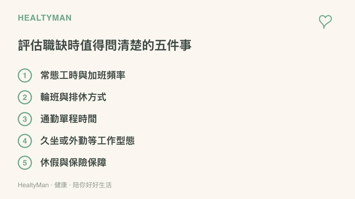 求職者評估職缺時可以問清楚五件事：常態工時與加班頻率、輪班與排休方式、通勤單程時間、久坐或外勤的工作型態，以及休假與保險保障