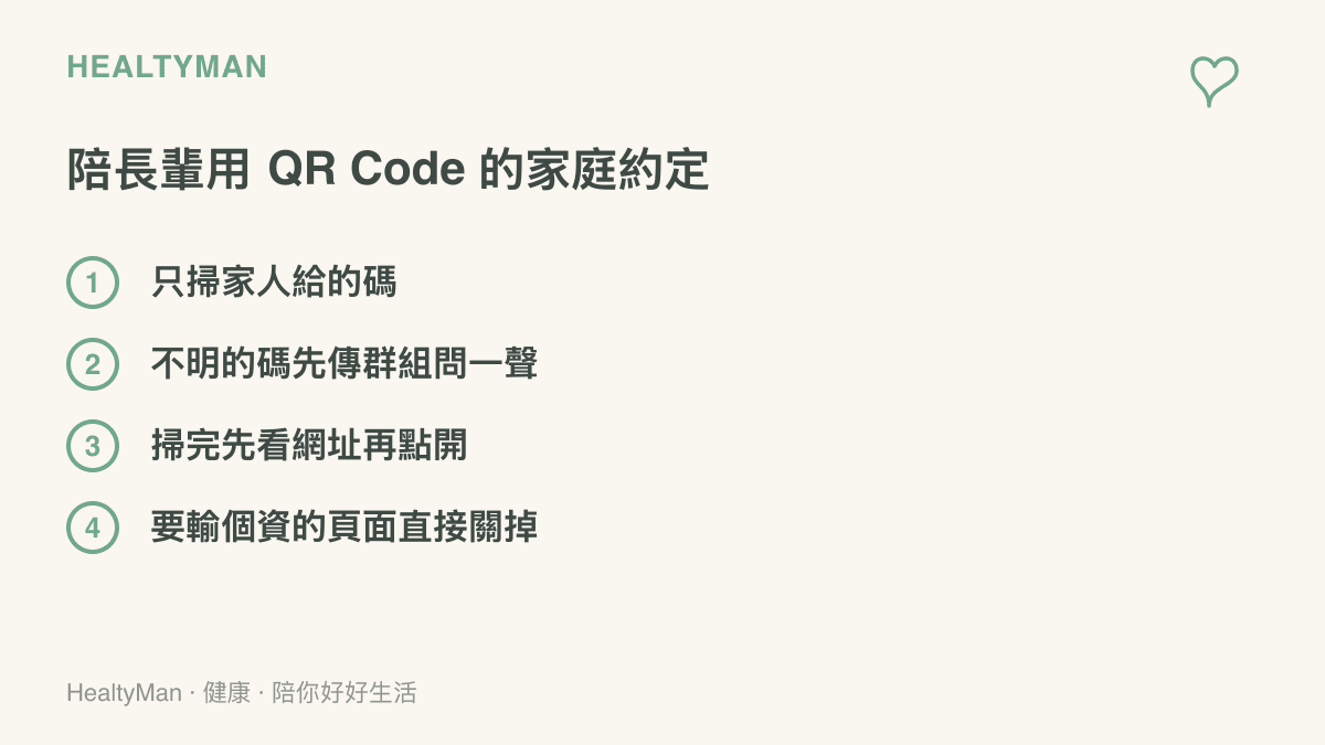 家庭約定清單列出陪長輩使用 QR Code 的四個原則：只掃家人給的碼、不明碼先傳羣組詢問、掃完先看網址、要求輸入個資的頁面直接關閉