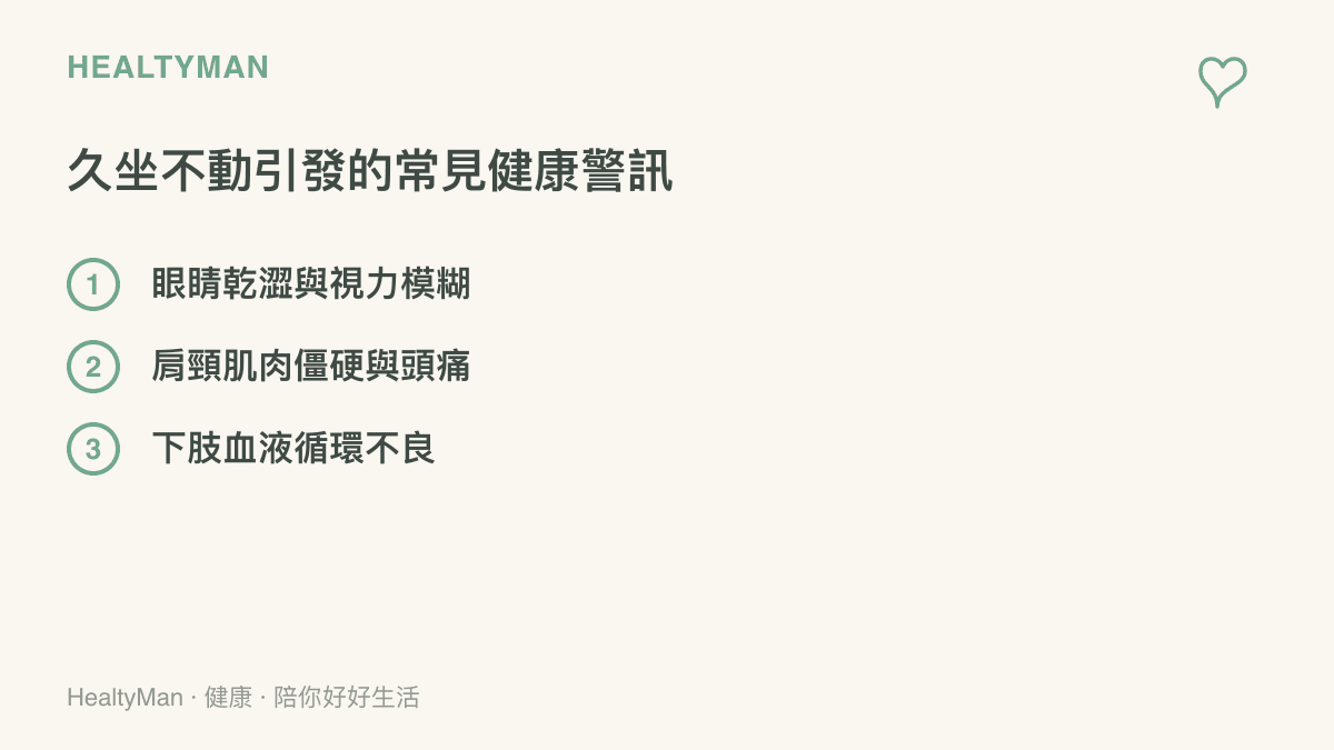 列出長時間久坐使用電腦常見的眼睛乾澀、肩頸僵硬與血液循環不良等三項健康問題