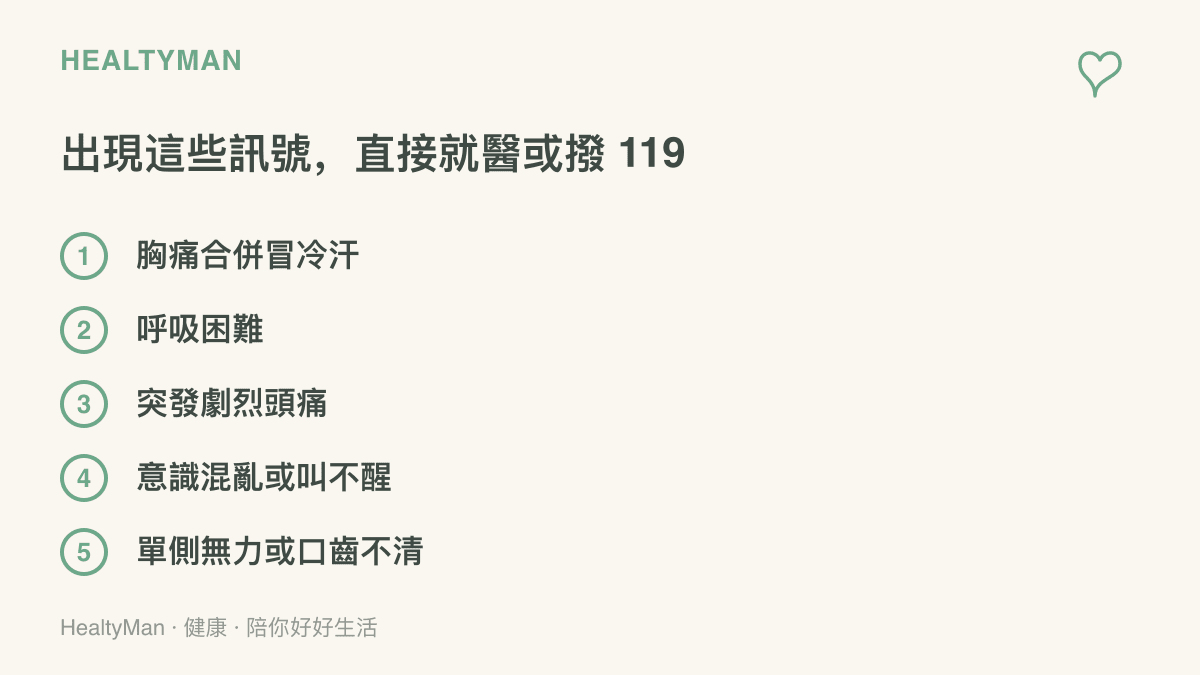 這張圖提醒五種需要立刻就醫或撥打 119 的緊急身體訊號：胸痛合併冒冷汗、呼吸困難、突發劇烈頭痛、意識混亂或叫不醒、單側無力或口齒不清