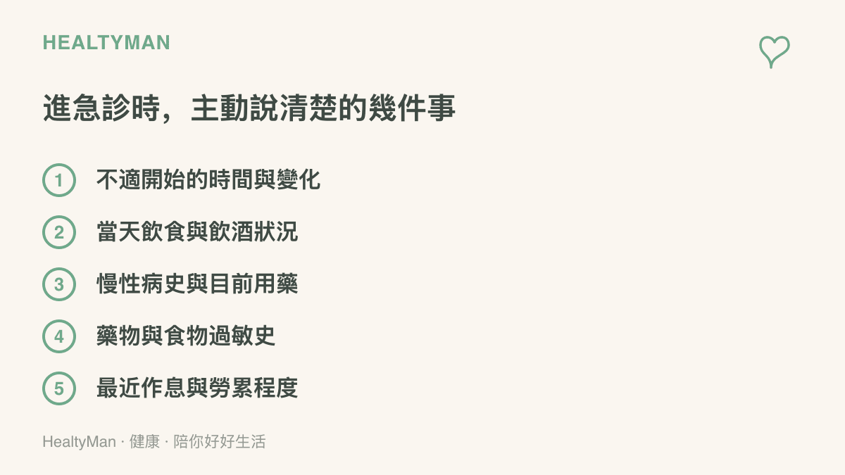 清單列出就醫時應主動告知醫護的五類資訊，包含症狀變化、飲食飲酒、病史用藥、過敏史與近期作息