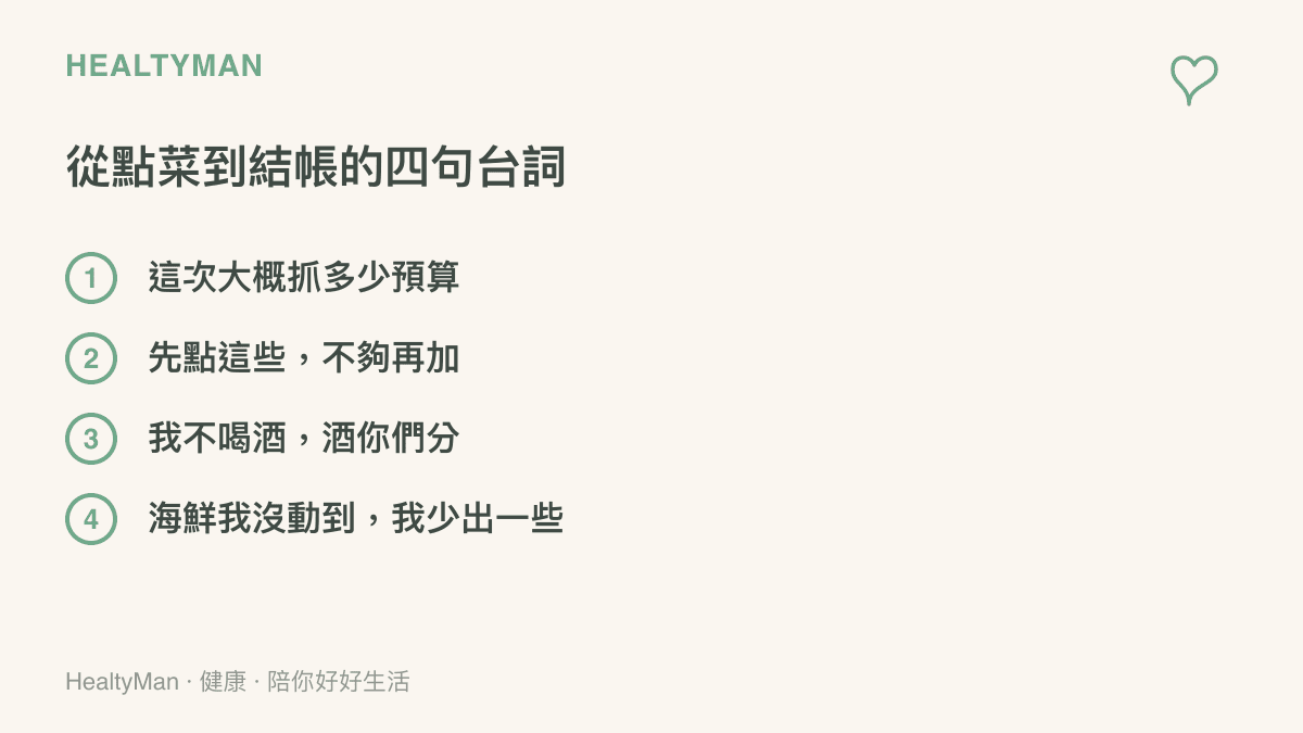 列出聚餐現場可以使用的四句溝通臺詞，從事先詢問預算、控制點菜節奏，到結帳時提出合理的分攤方式