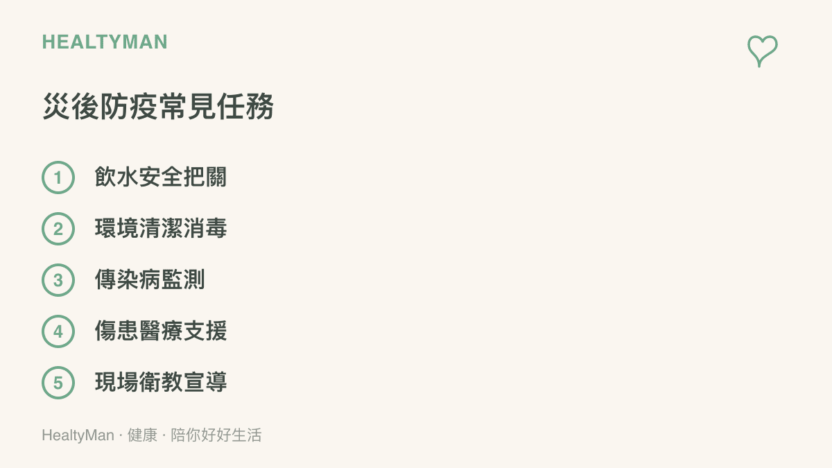 災後防疫工作常見的五個項目：飲水安全把關、環境清潔消毒、傳染病監測、傷患醫療支援與現場衛教宣導