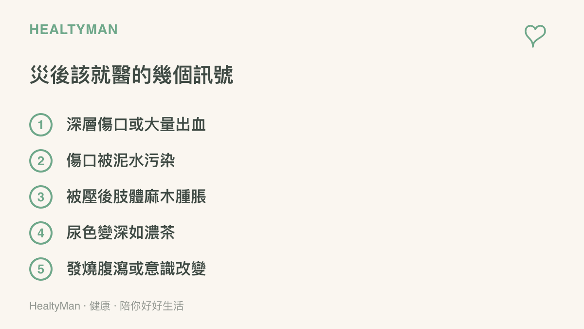 清單圖卡列出災後應該就醫的五種身體訊號，包括大量出血、肢體麻木腫脹與尿色變深