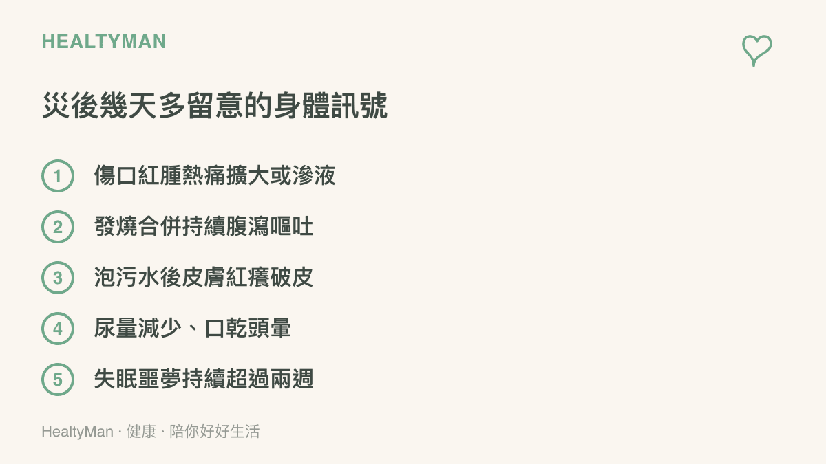 圖卡列出災後幾天應留意的五個身體訊號，包括傷口紅腫滲液、發燒與腹瀉嘔吐、皮膚紅癢破皮、尿量減少頭暈，以及失眠噩夢持續兩週以上