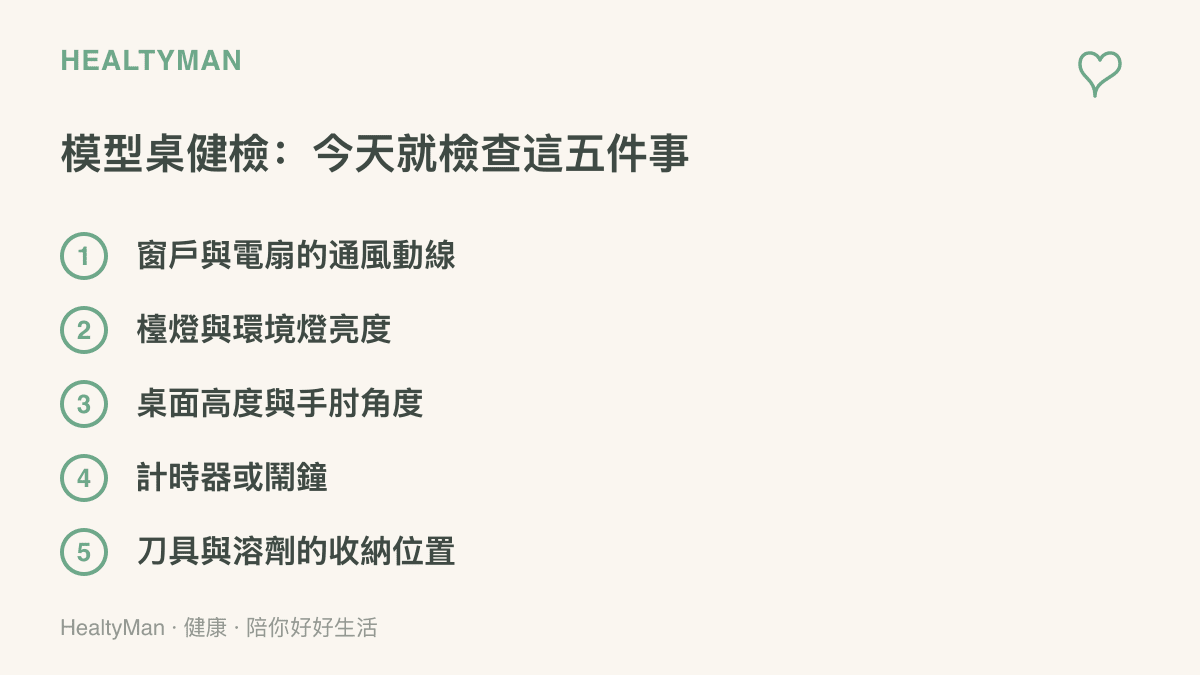 模型桌健檢清單列出五個檢查項目，包含窗戶與電扇的通風動線、檯燈與環境燈亮度、桌面高度與手肘角度、計時器或鬧鐘，以及刀具與溶劑的收納位置