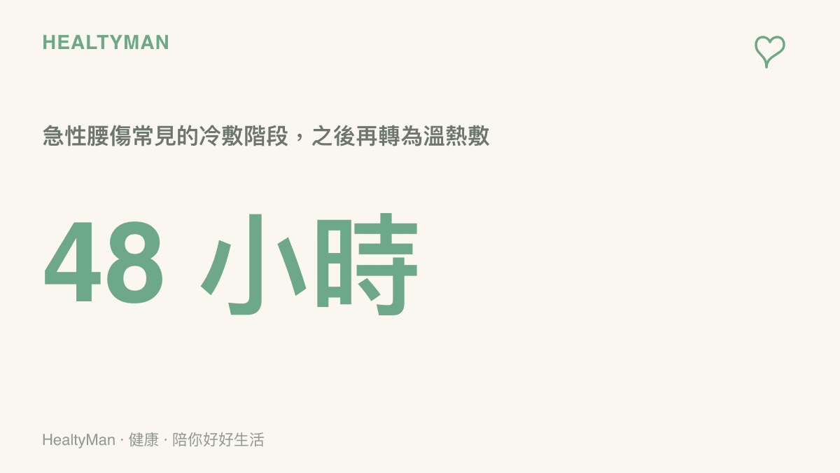 急性腰扭傷或挫傷後的最初約四十八小時建議冰敷消腫，之後再改為溫熱敷促進循環的時間分界