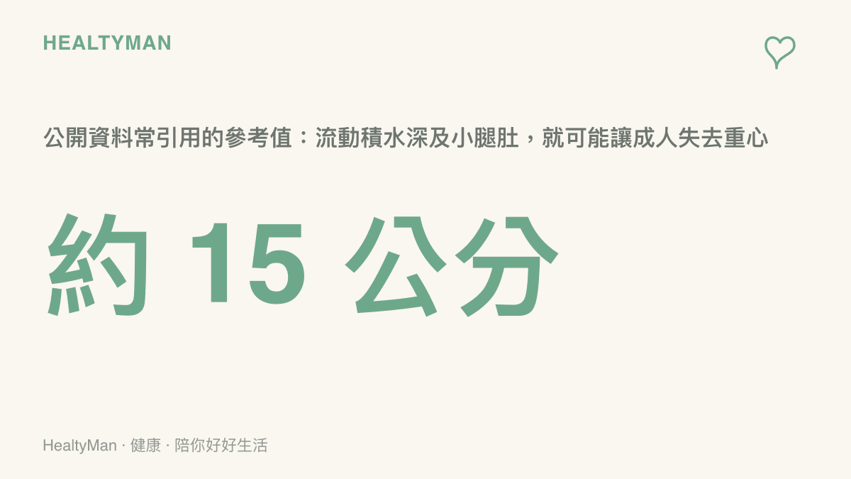 暴雨天流動積水危險深度示意：約十五公分深的流動積水就可能讓成人失去重心