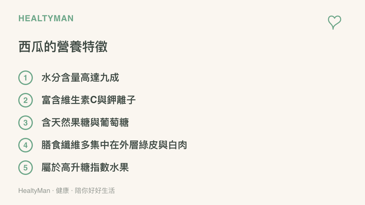 西瓜的營養特徵清單，包含水分、維生素、鉀離子、果糖以及膳食纖維的分佈位置