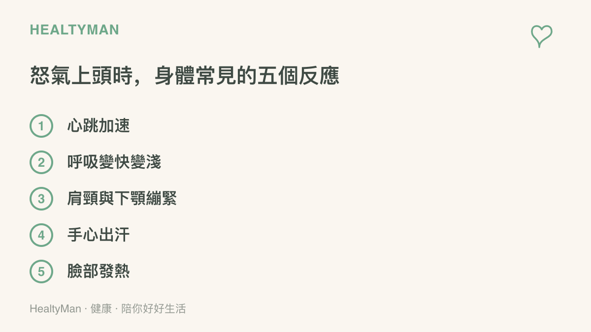 怒氣湧上時身體常見的五個反應清單，包含心跳加速、呼吸變快變淺、肩頸與下顎繃緊、手心出汗與臉部發熱