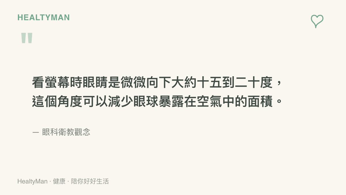 引述眼科衛教觀念，說明看螢幕時眼睛微微向下十五到二十度能減少眼球暴露面積以降低乾澀