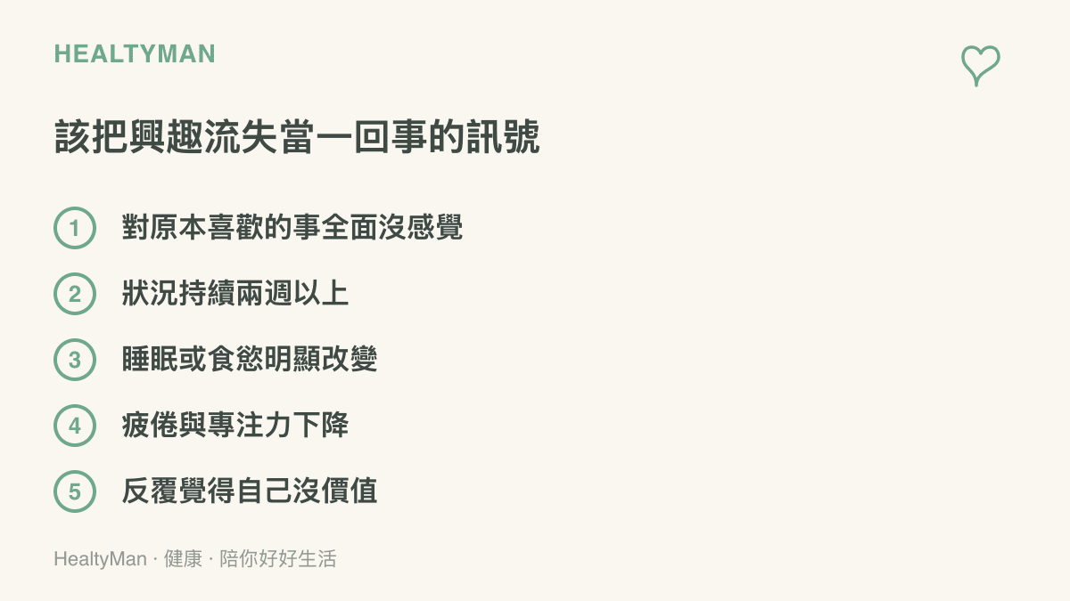 清單圖列出五個建議尋求專業協助的訊號，包括對原本喜歡的事全面失去感覺、狀況持續兩週以上、睡眠或食慾明顯改變、疲倦與專注力下降，以及反覆出現自己沒有價值的念頭