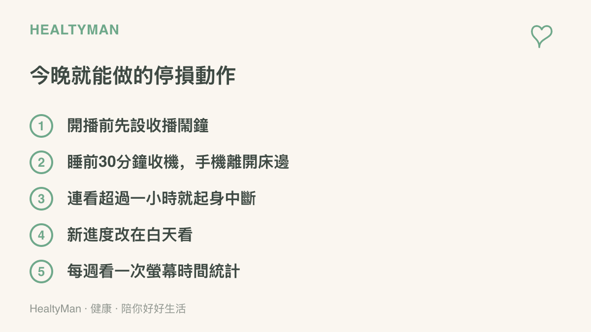 圖中列出五項管理短劇觀看時間的做法，包含預設收播鬧鐘、睡前收機、定時起身中斷、改在白天追新進度與定期查看使用統計