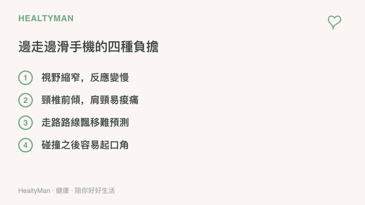 邊走邊滑手機可能帶來的四種負擔：視野縮窄反應變慢、頸椎前傾造成肩頸痠痛、走路路線飄移讓後方難以預測、碰撞之後容易引發口角