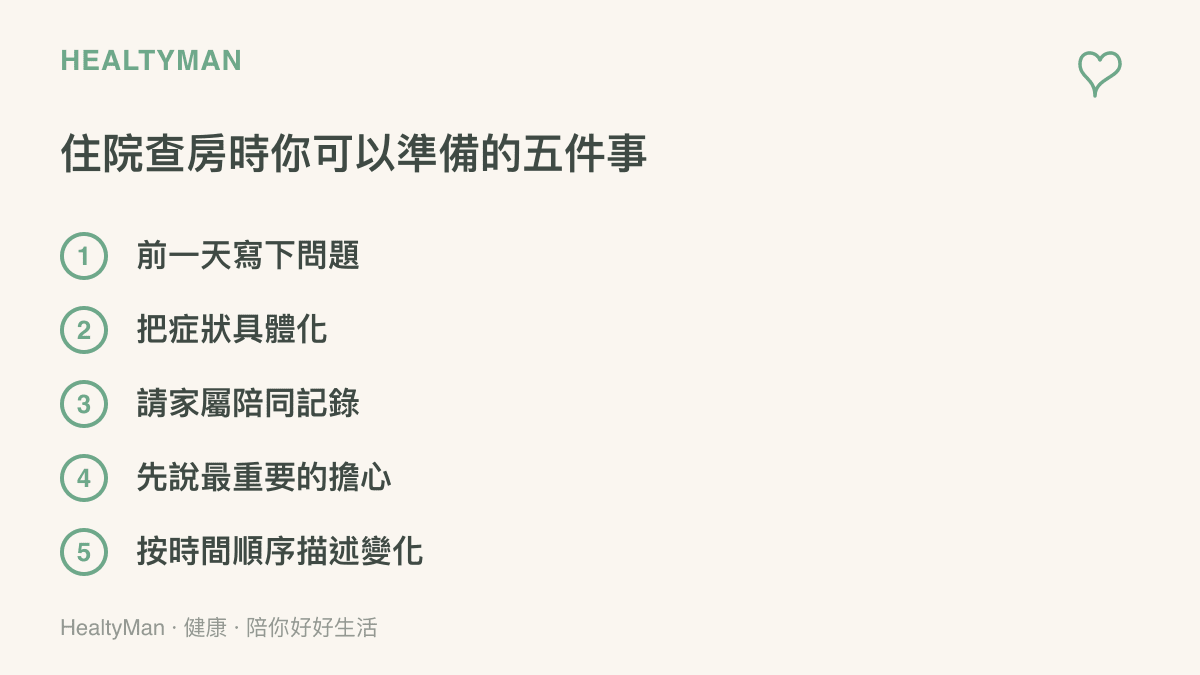住院病人為醫師查房做準備的五個實用步驟衛教清單
