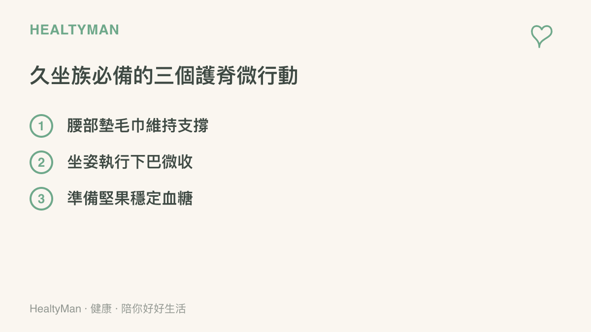 清單圖卡列出久坐族保護脊椎的三個日常小步驟，包含墊毛巾、收下巴與準備健康零食